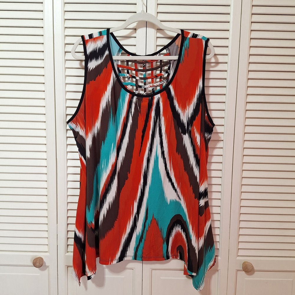 Cato Woman Plus Size 26/28W Abstract Ikat Cage Back Handkerchief Hem Tank Top
